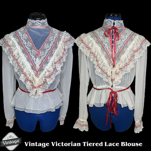 Vintage Tops - Vintage Victorian High Neck Button Back Lace Top